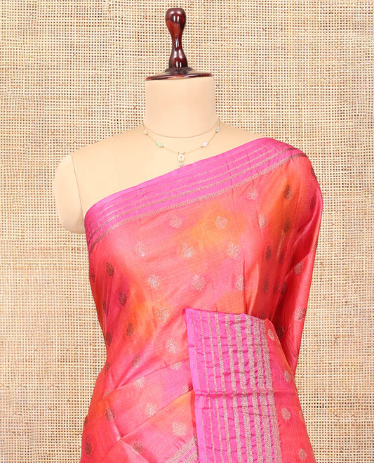 Pink-Orange Tussar Silk Saree Features Zari Buttas, Highlighted by a Zari Border, Floral Design Pallu, and a Matching Blouse