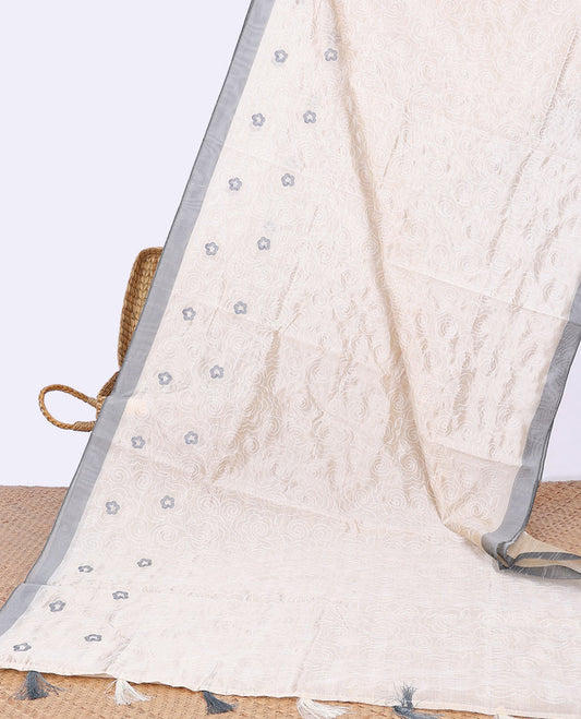 Cream floral thread embroidery semi-banaras tussar saree with contrast plain border & floral embroidered pallu