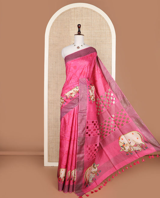 Pink sparsely printed lotus vine and Pichwai cow printed tussar silk saree, zari border and checked pallu