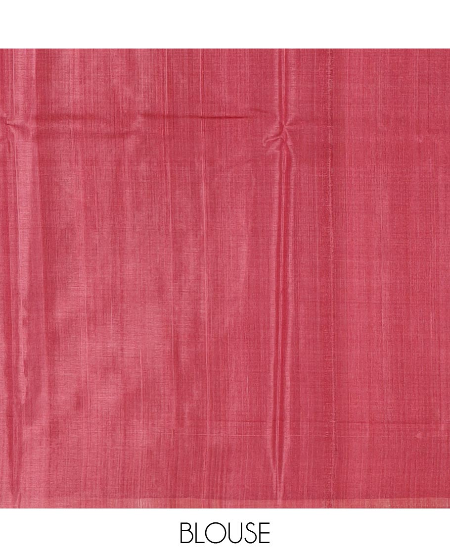 Red plain tussar silk saree, self border and pallu features geometric patterns, and temple motifs