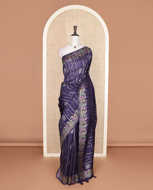 Ink blue floral buttas, and striped Matka silk saree, scallop floral design Meenakari design border
