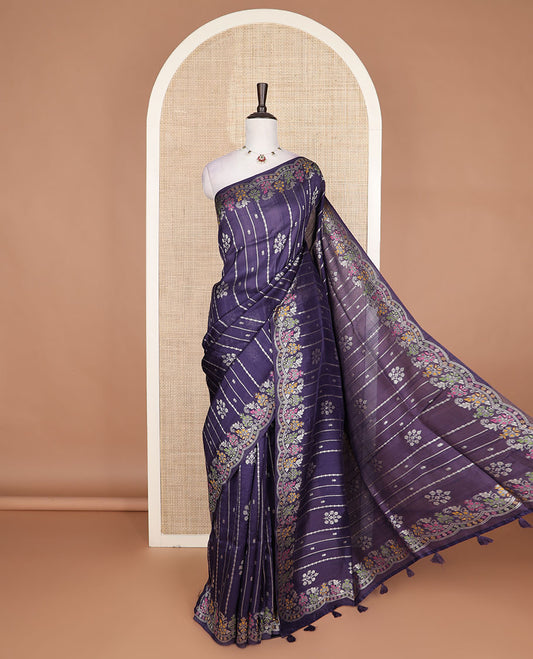 Ink blue floral buttas, and striped Matka silk saree, scallop floral design Meenakari design border