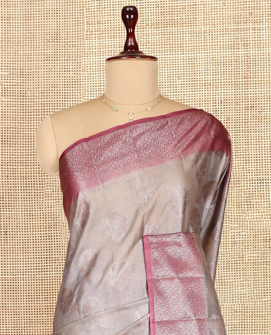 Grey Tusser Silk Saree, Woven with Zari Buttas, a Contrast Zari Border, Grand Pallu, and a Contrast Blouse