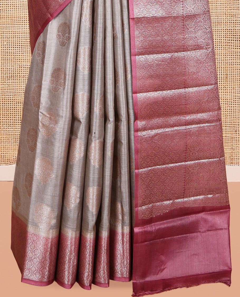 Grey Tusser Silk Saree, Woven with Zari Buttas, a Contrast Zari Border, Grand Pallu, and a Contrast Blouse