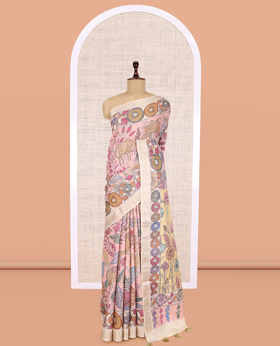 Pale Pink Kalamkari Printed Fancy Tussar Saree