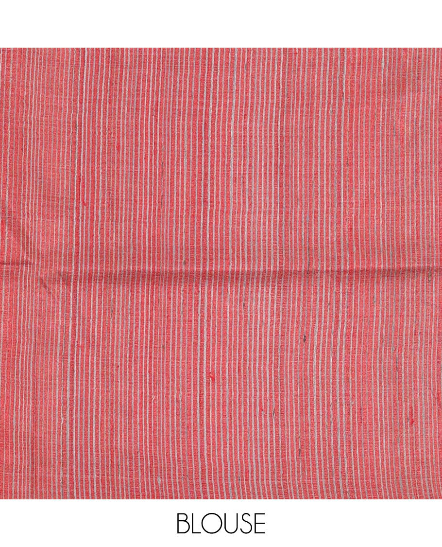Borderless red plain tussar silk saree, self-pallu of stripes