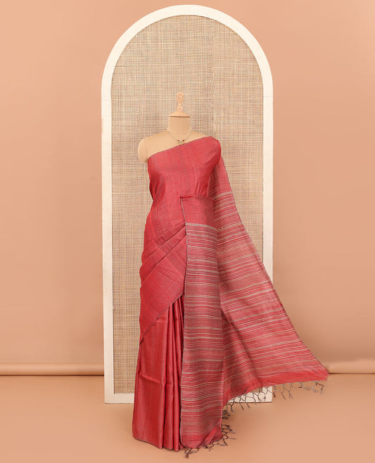 Borderless red plain tussar silk saree, self-pallu of stripes