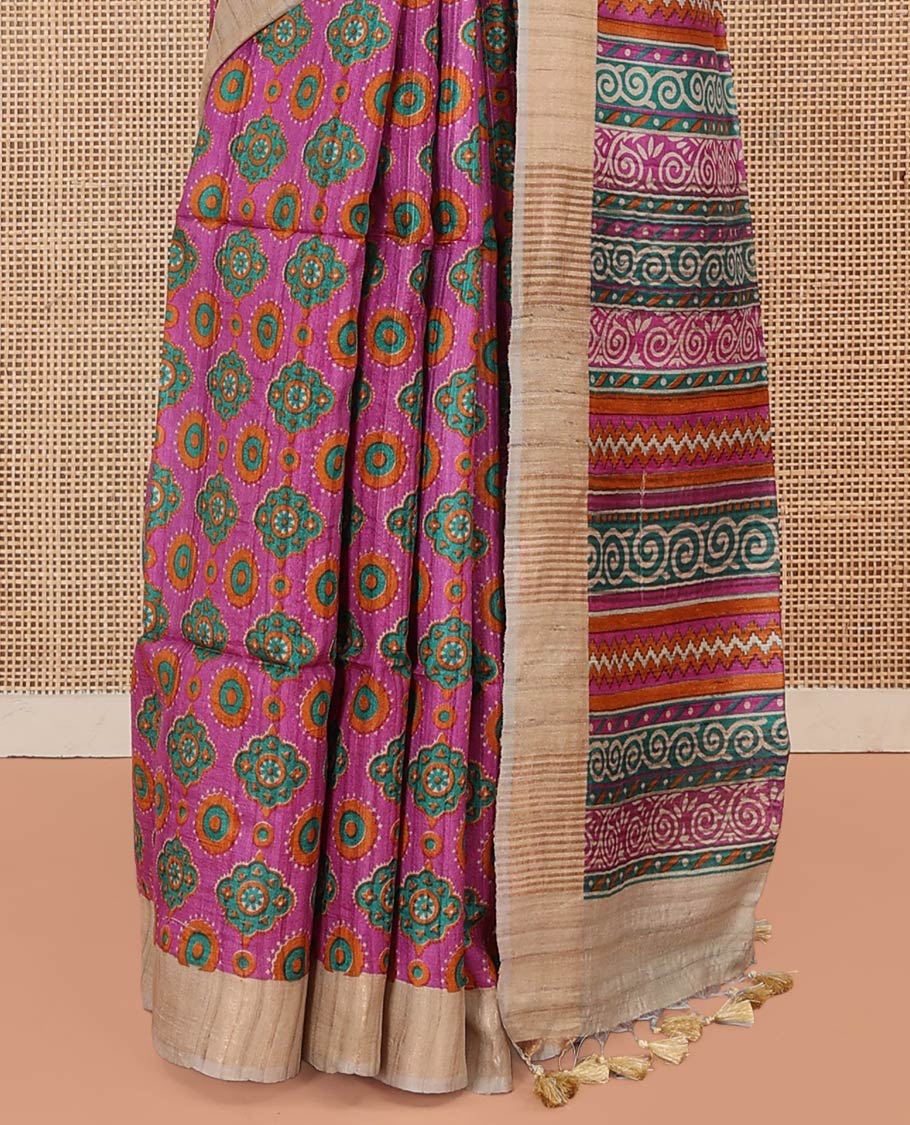 Rani Pink Tussar Silk Saree, Vibrantly Printed with Intricate Motifs All Over Its Body, Featuring a Contrast Zari Border, Pallu of Floral-Geometric Print, and Paired with a Contrast Blouse