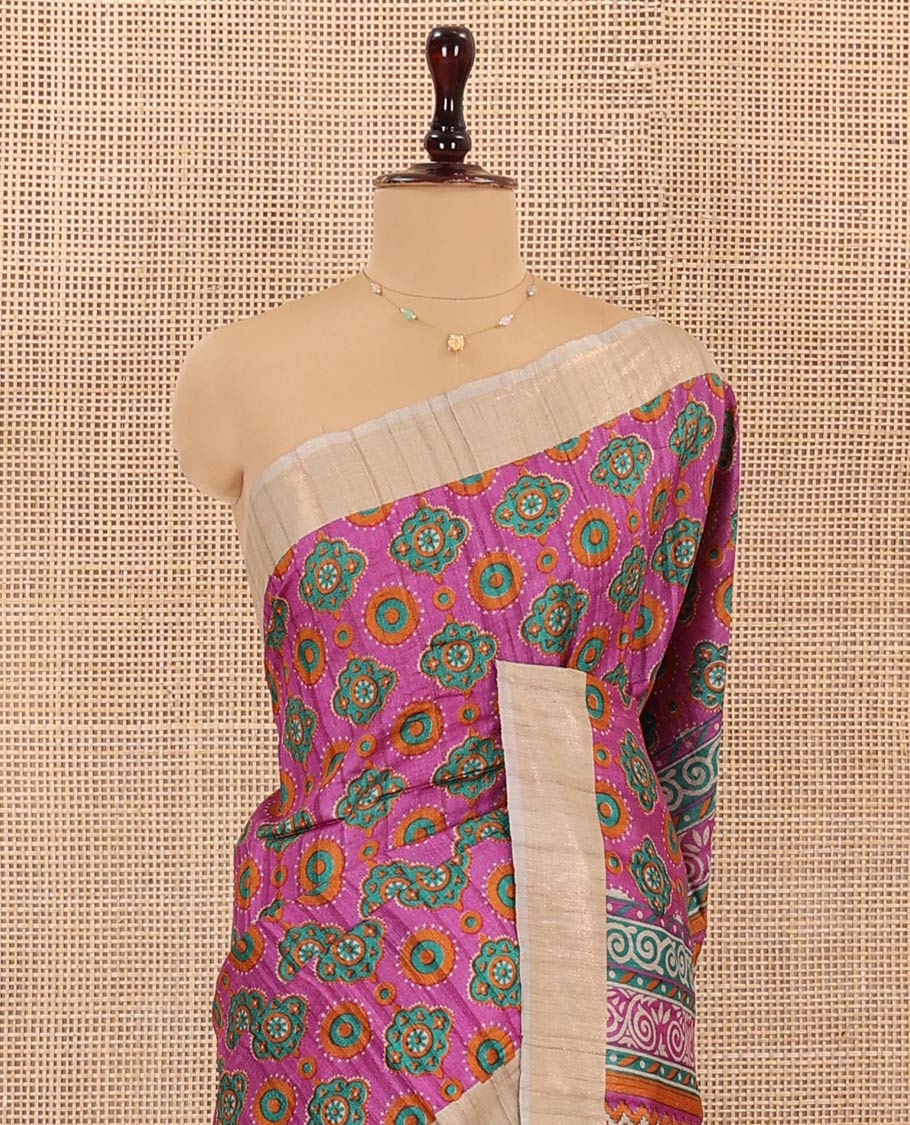 Rani Pink Tussar Silk Saree, Vibrantly Printed with Intricate Motifs All Over Its Body, Featuring a Contrast Zari Border, Pallu of Floral-Geometric Print, and Paired with a Contrast Blouse