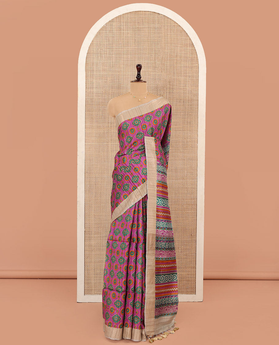 Rani Pink Tussar Silk Saree, Vibrantly Printed with Intricate Motifs All Over Its Body, Featuring a Contrast Zari Border, Pallu of Floral-Geometric Print, and Paired with a Contrast Blouse