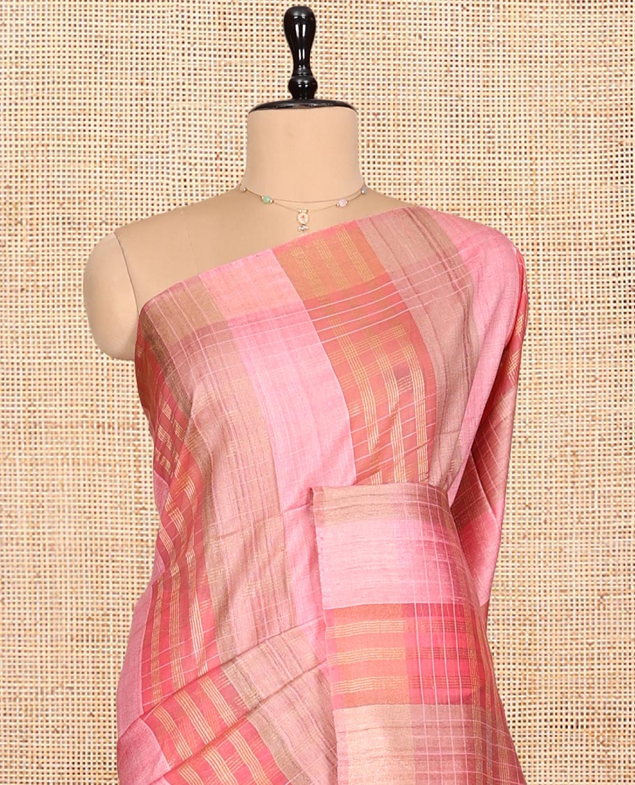 Borderless Pink Checked Tussar Silk Saree, a Self-Printed Pallu, and a Matching Blouse