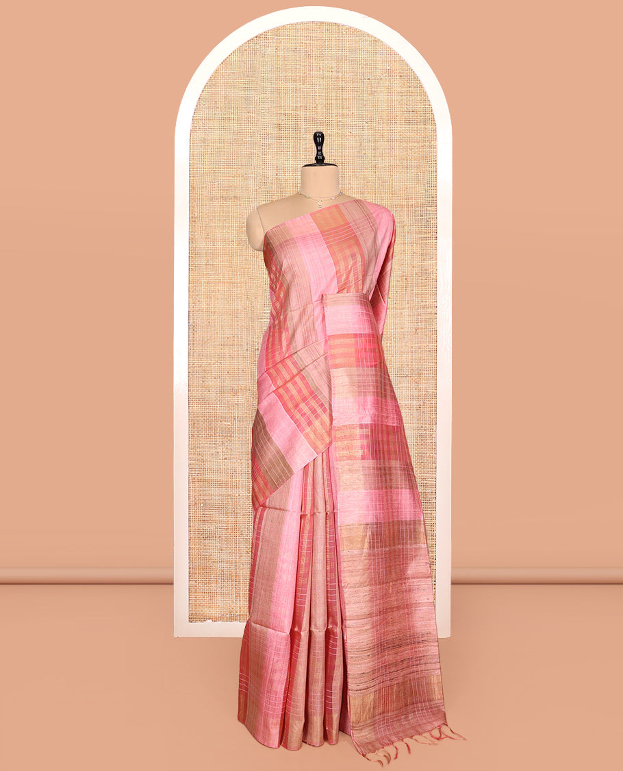 Borderless Pink Checked Tussar Silk Saree, a Self-Printed Pallu, and a Matching Blouse