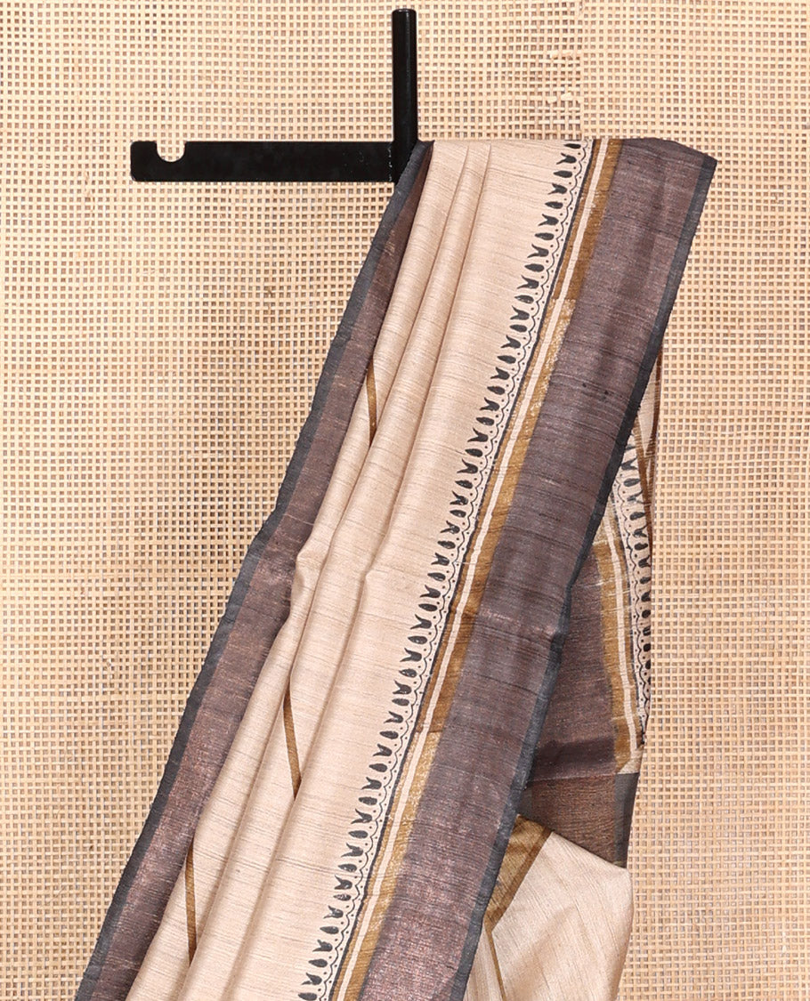 Sandal Tussar Silk Saree, Uniquely Detailed with Abstract-Style Geometric Print on Its Body, Complemented by a Contrast Border, Multi-Color Ombre-Style Striped Pallu, and Paired with a Contrast Blouse