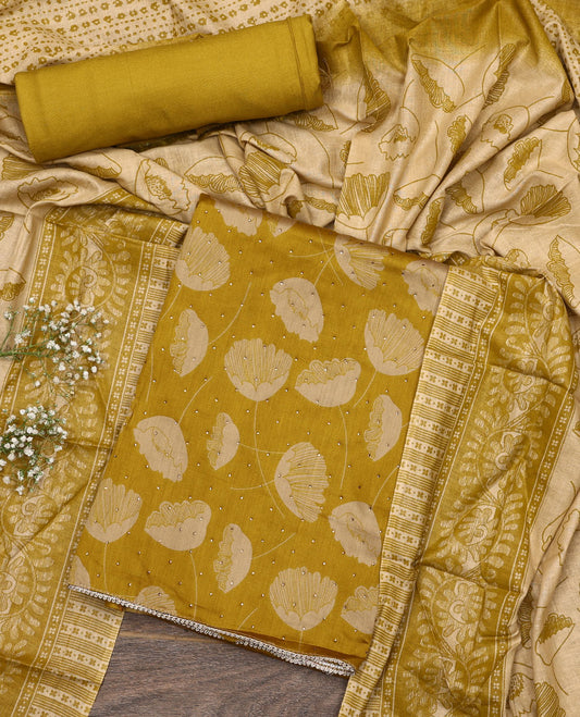 Yellow material chudidar set, floral motifs printed and stone work top, plain bottom, and floral motifs printed dupatta