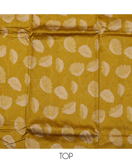 Yellow material chudidar set, floral motifs printed and stone work top, plain bottom, and floral motifs printed dupatta
