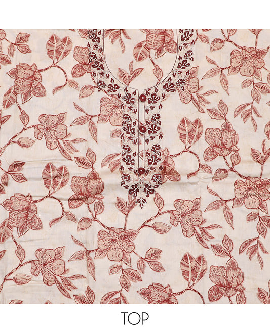 Cream-maroon material churidar set, floral print and neck embroidered top, contrast plain bottom, and a floral embroidered dupatta