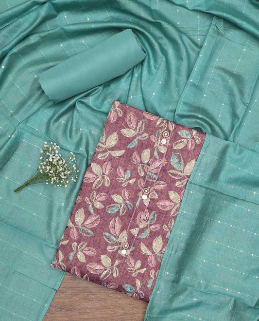 Violet chudidhar material set floral printed top, contrast plain bottom & sequins embroidery dupatta
