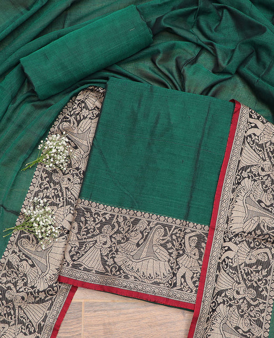 Dark Green wedding design chudidhar material top with plain bottom & plain, zari design border dupatta