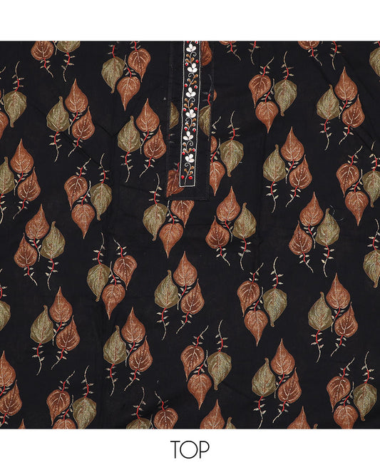 Black material chudidar set, leaf motifs printed with neck embroidered top, matching buttas printed bottom and floral vine printed dupatta