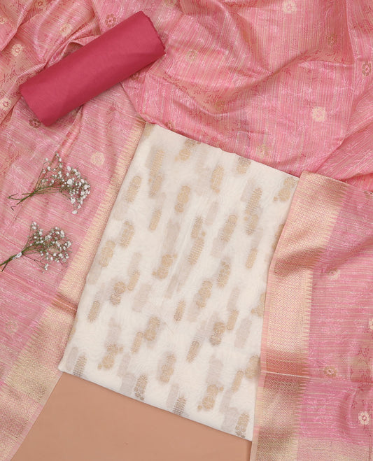 Cream chudidhar material set, foral motifs top , pink plain bottom & floral embroidered dupatta