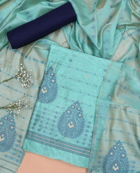 Blue chudidhar material set, floral motifs top, plain bottom & striped, floral motifs dupatta