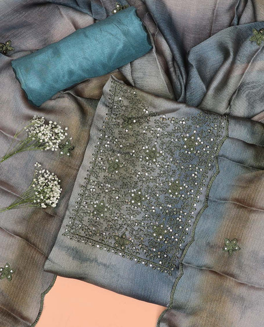 Multi-color chudidhar material set floral thread embroidered top, with contrast plain bottom & floral motifs thread embroidered with sequins dupatta