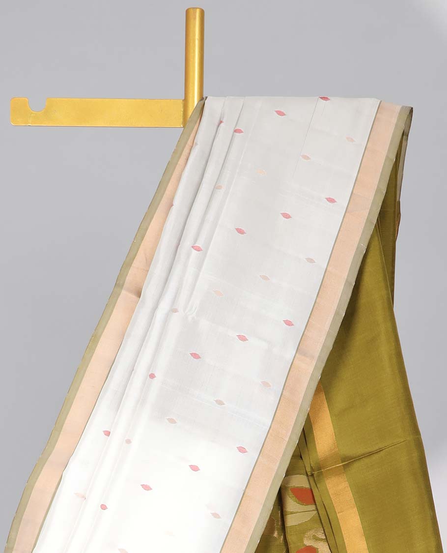White floral motifs upadda silk saree with self zari border & floral vine design pallu
