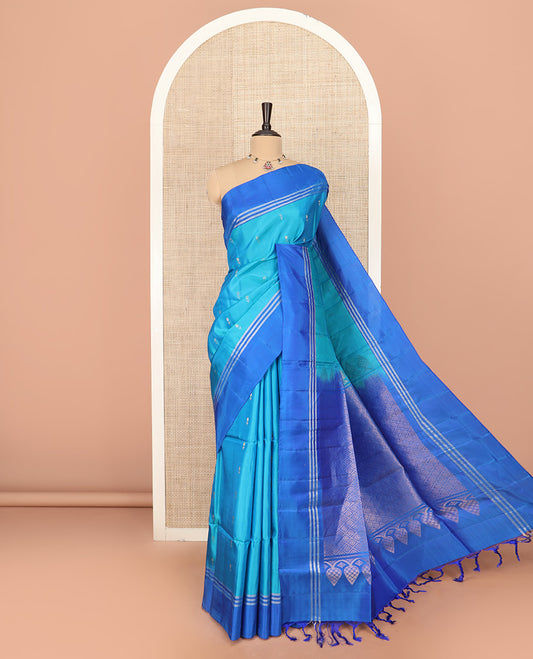 Blue Semi Uppada Saree Beautified with Zari Buttas, Complemented by a Contrasting Border, Pallu of Intricate Jaal Designs, and Paired with a Contrast Blouse