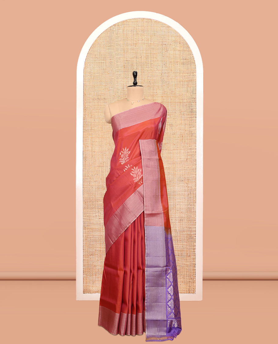 Rust Orange Uppada Saree, Ornamented with Floral Buttas, a Bavanji Border, Contrast Intricate Pallu, and a Contrast Blouse