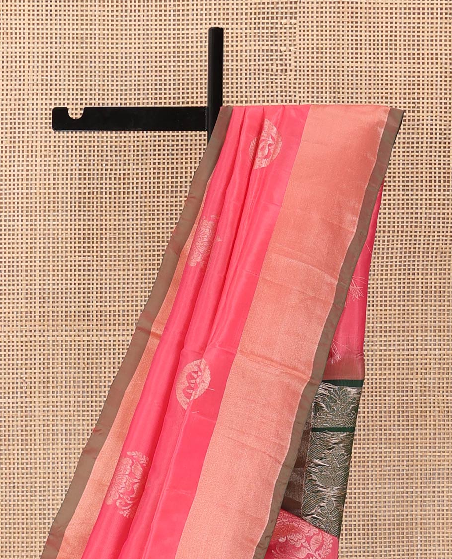 Pink zari buttas Uppada saree, bavanji border, and contrast intricate pallu