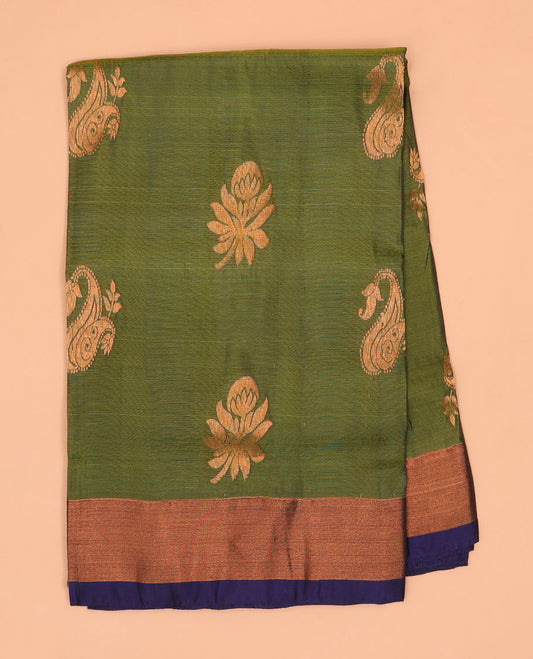 Green floral motifs semi-uppada saree with contrast zari border & zari argyle design pallu