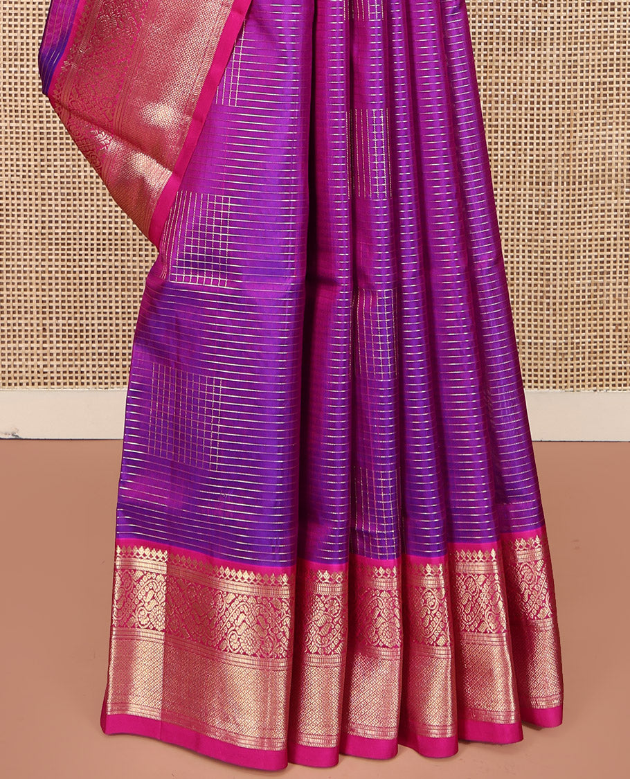 Purple Venkatagiri Silk Saree, Richly Detailed with Zari Checks All Over Its Body, Complemented by a Contrast Traditional Zari Design Border, Grand Pallu, and Paired with a Matching Blouse