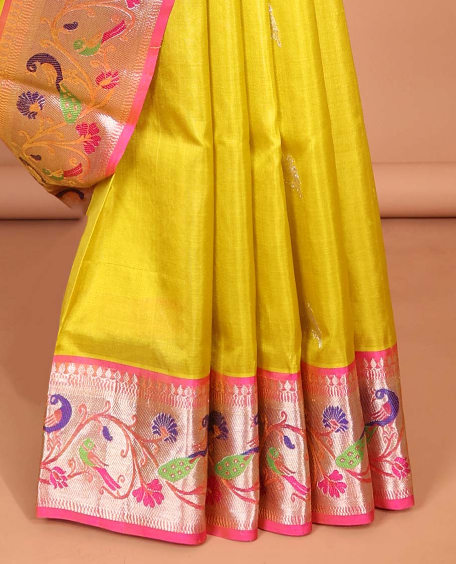 Yellow parrot motifs vengatagiri pure silk saree, contrast floral vine design border & pallu ogee patern