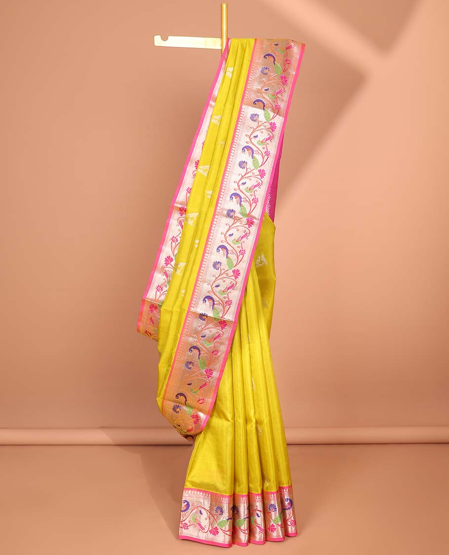 Yellow parrot motifs vengatagiri pure silk saree, contrast floral vine design border & pallu ogee patern