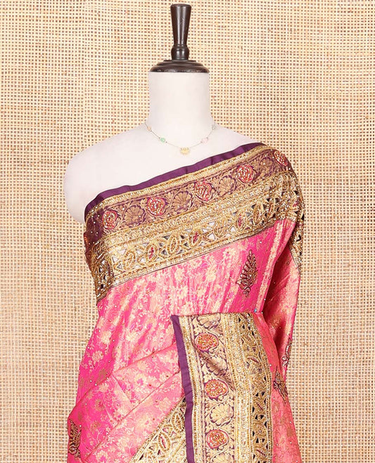 Pink Vastrakala Silk Saree, Delicately Woven with Jacquard and Embroidery Work, Complemented by Contrast Zari and Cut Embroidered Border, Gleaming Zari Ogee Patterns-Stone Work Pallu, and Paired with Contrast Heavy Embroidered Blouse