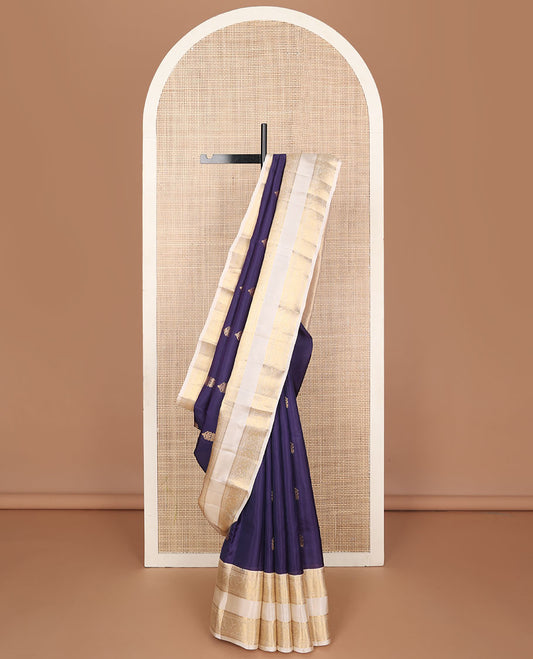 Blue zari buttas vasundhara elite silk saree, contrast jaal pallu & rettai pettu border of thilakam, muthu & mayil designs