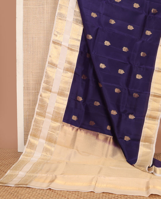 Blue zari buttas vasundhara elite silk saree, contrast jaal pallu & rettai pettu border of thilakam, muthu & mayil designs