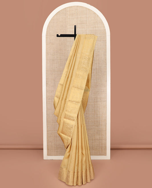Gold Vasundhara Lite Silk Mix Saree, Subtly Sparkled with Zari Buttas on Its Body, Highlighted by Zari Border of Manga, Rekku, and Intricate Designs, Grand Pallu of Jaal Designs, and Paired with a Matching Blouse