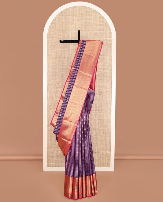 Purple Vasundhara Lite Silk Mix Saree, Mesmerized with Checks and Zari Buttas on Its Body, Complemented by a Contrast Border of Rekku, Muthu, Mayil Kann, and Chakram Designs, Intricately Designed Pallu, and Paired with a Contrast Blouse