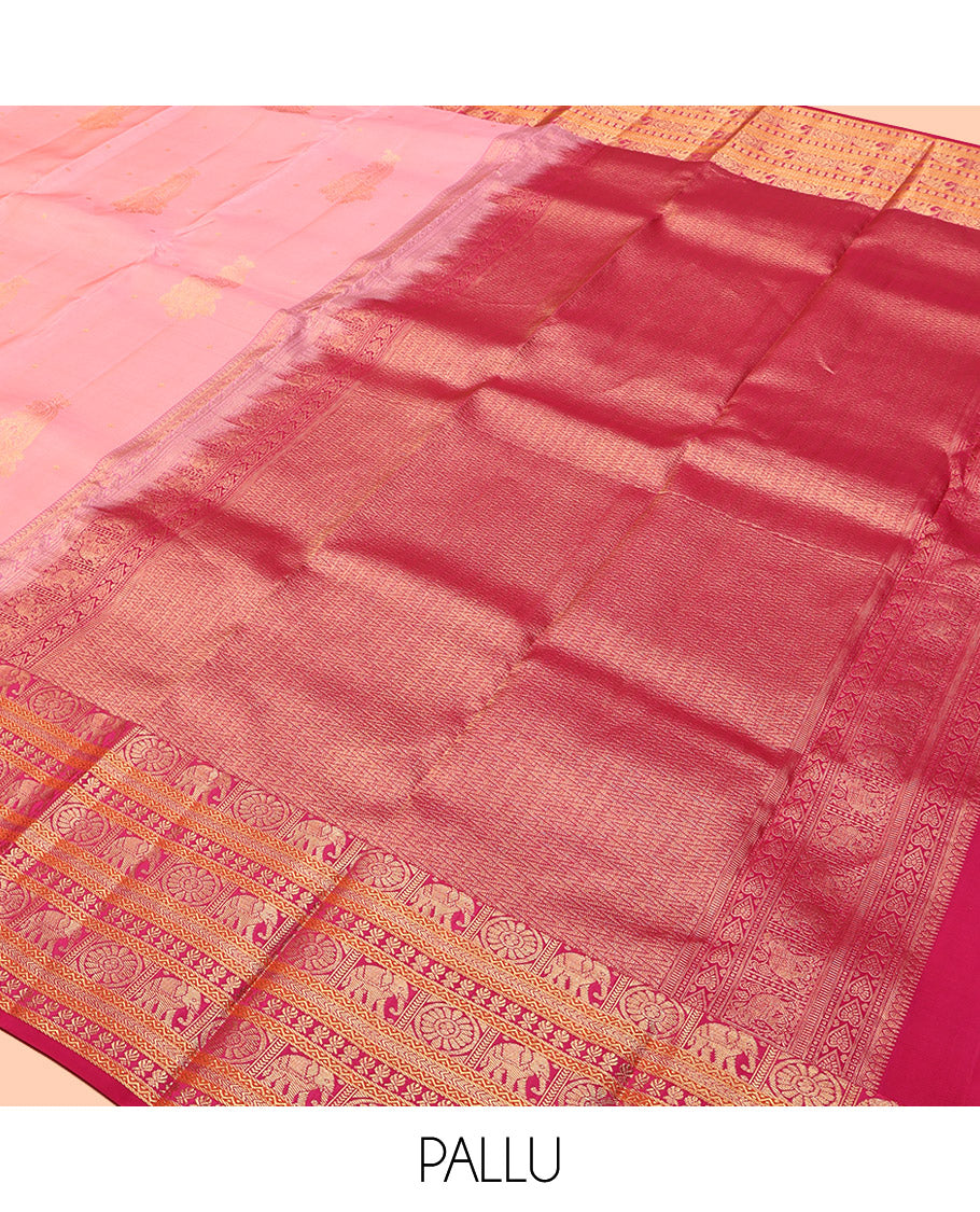 Pink Vasundhara Lite Silk Mix Saree, Featuring Zari Buttas, Contrast Border of Chakram, Yaanai, Neli, Kathir, and Kamalam, Vanki Pallu, and a Contrast Blouse
