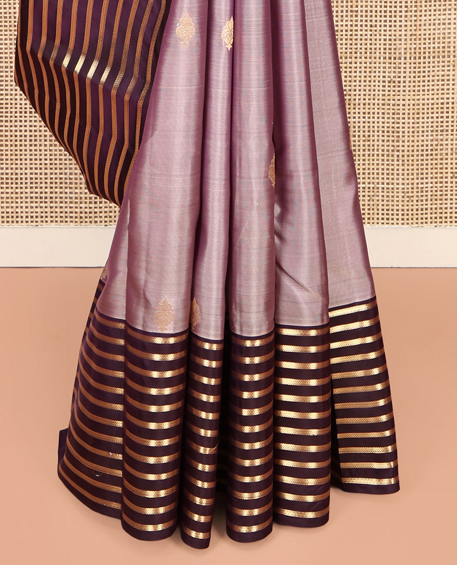 Light Purple Vasundhara Lite-Silk Mix Saree, Enthralled with Zari Buttas, Complemented by a Contrast Zari Striped Border, Grand Jaal Pallu, and a Contrast Blouse