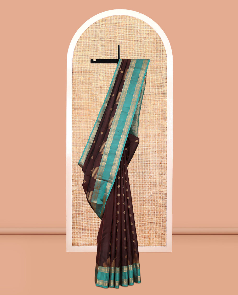 Brown Zari Buttas Woven Vasundhara Lite Silk Mix Saree, a Contrast Rettai Pettu Border, Contrast Blouse