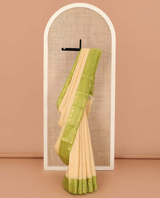 Sandal Vasundhara silk mix saree, contrast border of singam, kathir, and rudraksham designs, and jaal pallu