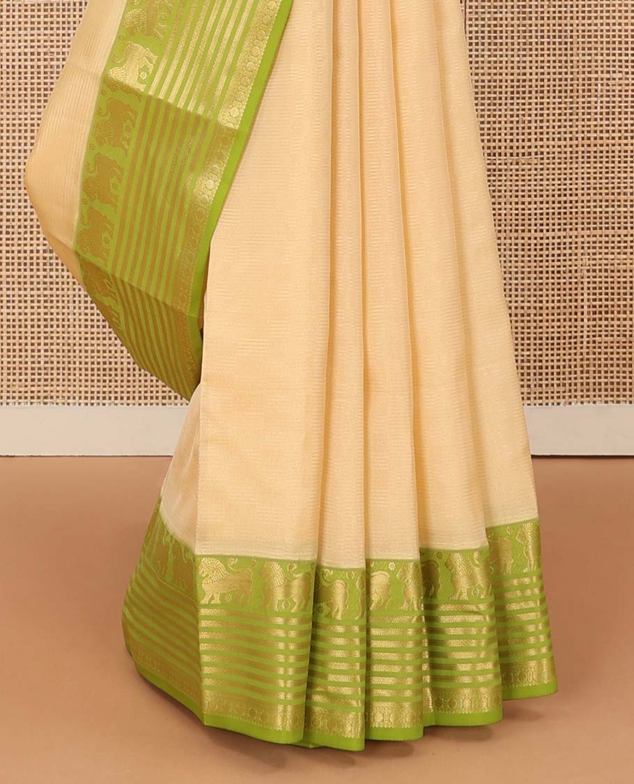 Sandal Vasundhara silk mix saree, contrast border of singam, kathir, and rudraksham designs, and jaal pallu