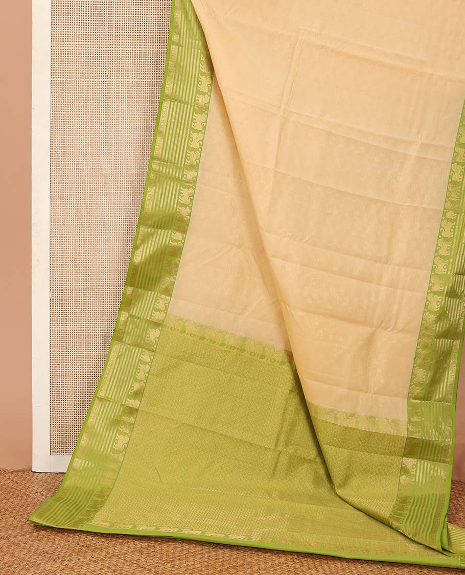 Sandal Vasundhara silk mix saree, contrast border of singam, kathir, and rudraksham designs, and jaal pallu