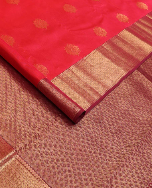 Red zari buttas Vasundhara silk mix saree, contrast border of rekku, poun, and rudraksham designs, and jaal pallu