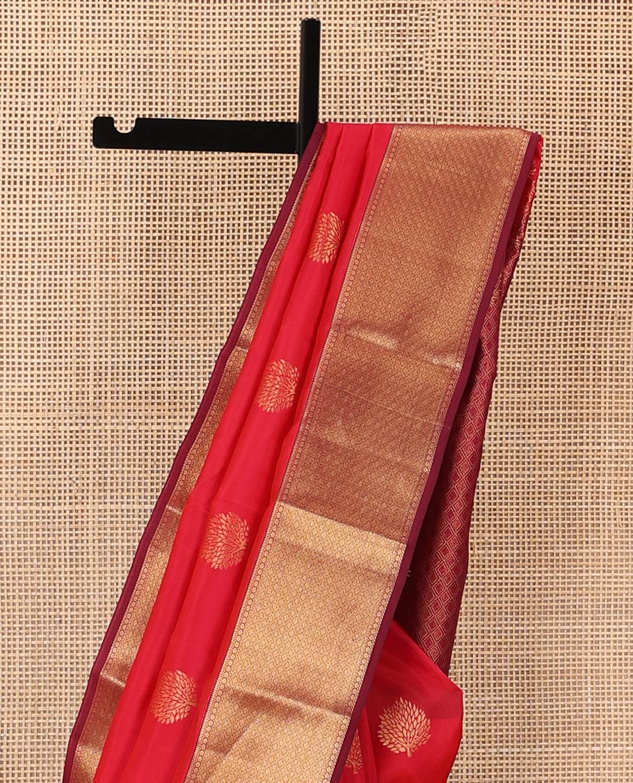 Red zari buttas Vasundhara silk mix saree, contrast border of rekku, poun, and rudraksham designs, and jaal pallu