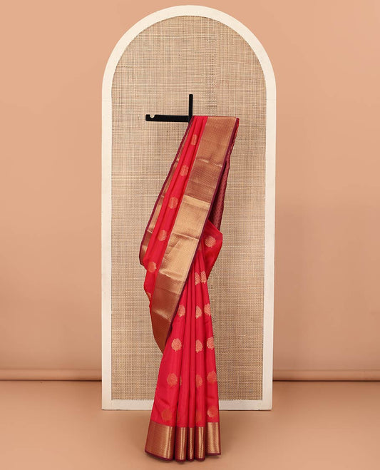 Red zari buttas Vasundhara silk mix saree, contrast border of rekku, poun, and rudraksham designs, and jaal pallu