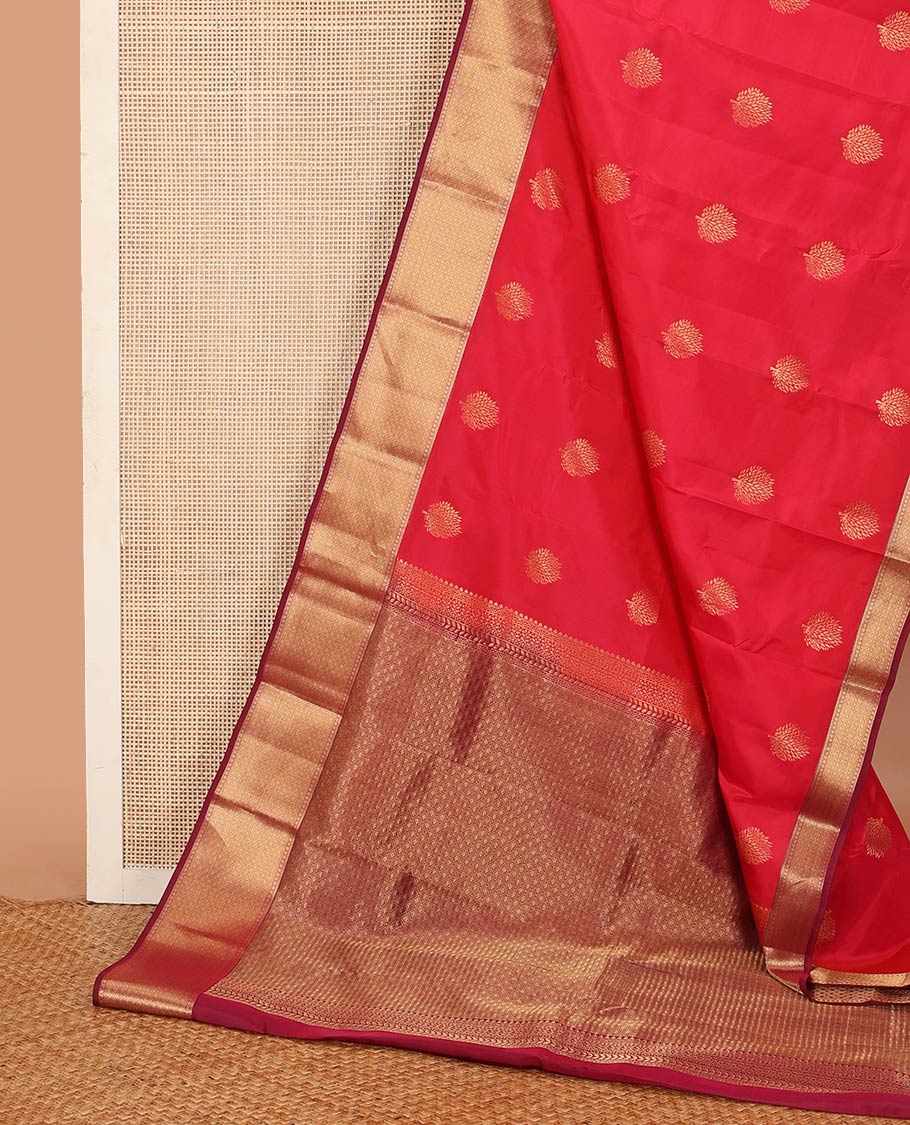 Red zari buttas Vasundhara silk mix saree, contrast border of rekku, poun, and rudraksham designs, and jaal pallu