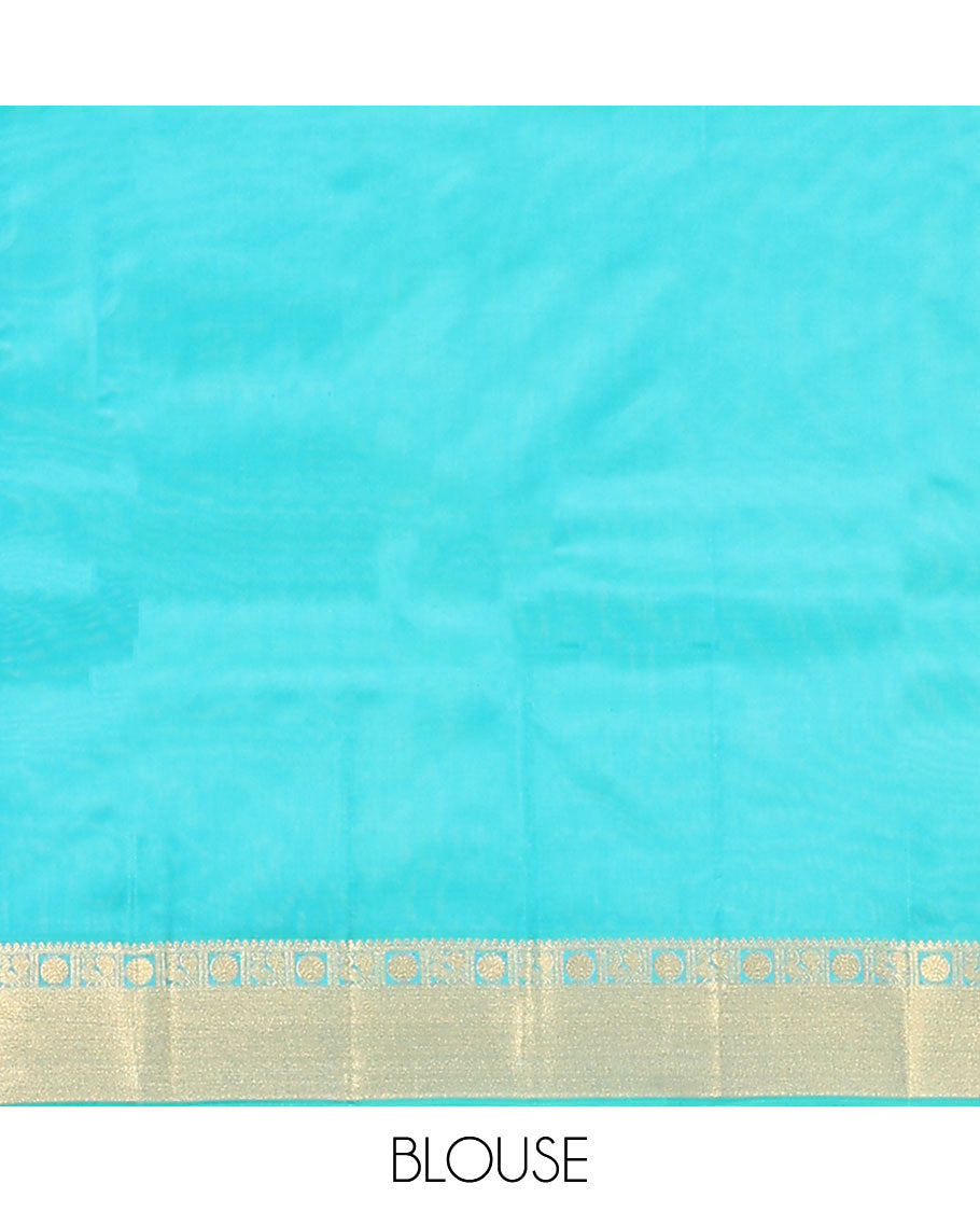 Blue Vasundhara Lite Silk Mix Saree, Gracefully Embellished with Yaali, Singam, and Chakram Buttas on Its Body, Highlighted by a Zari Border of Thilakam Mokku, Poun, Mayil, and Mayil Kann Designs, Subtle Jaal Pallu, and Paired with a Matching Blouse